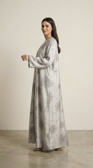 White Leaf Print 3-Pieces Set Open Abaya  Emarati