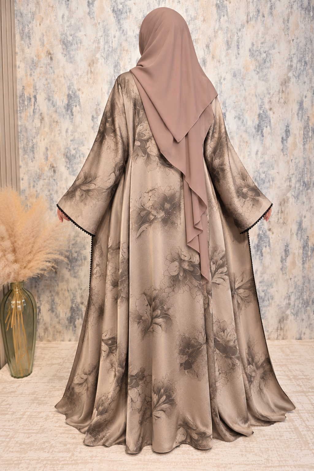 Back view of beige flower-printed open abaya set featuring an elegant floral design