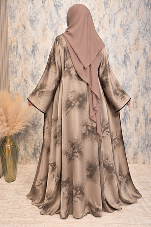 Back view of beige flower-printed open abaya set featuring an elegant floral design
