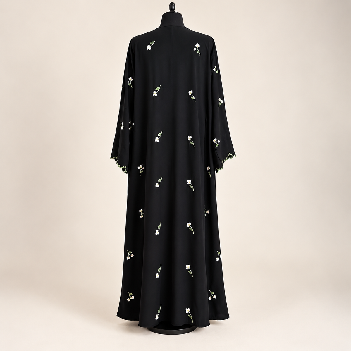 Black closed abaya with delicate dainty floral embroidery and matching scarf