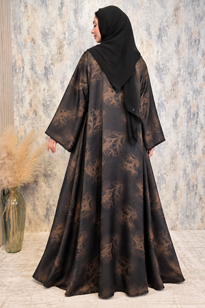 Back view of black flower-printed open abaya set featuring an elegant satin outer layer