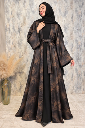 Black flower-printed open abaya set with satin outer layer