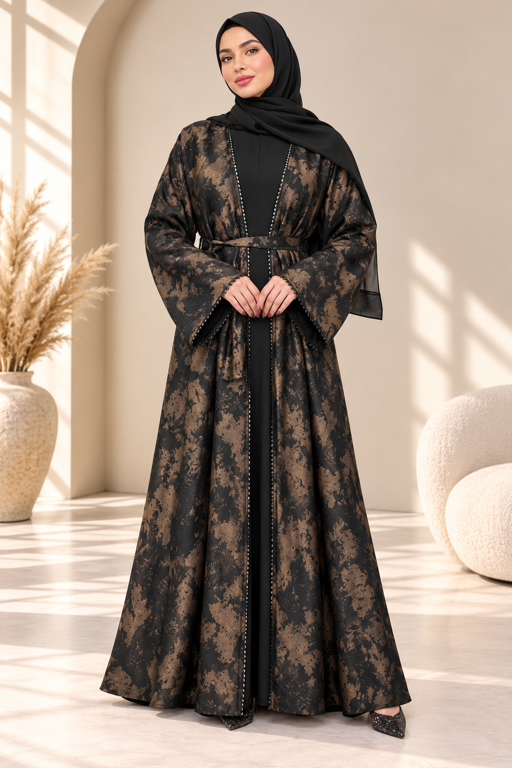 Black Hafizah printed open abaya set 