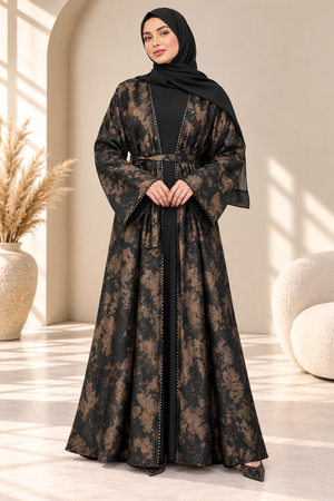 Black Hafizah printed open abaya set 