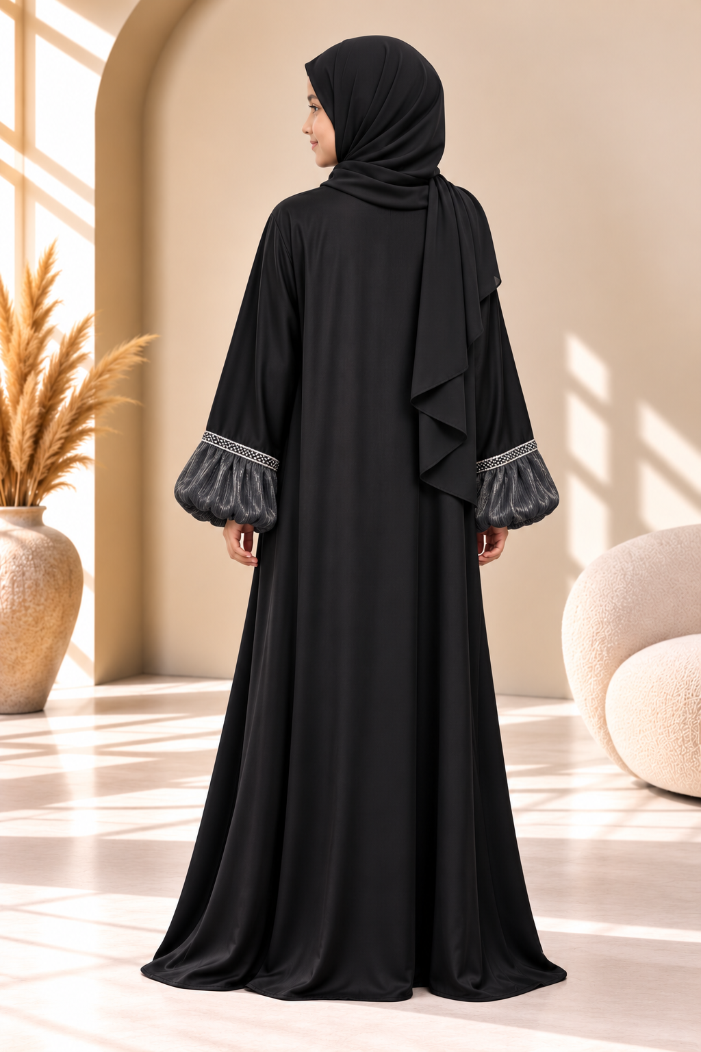 Back view of the Black Luxe balloon sleeve abaya showing its flowing black outer layer.
