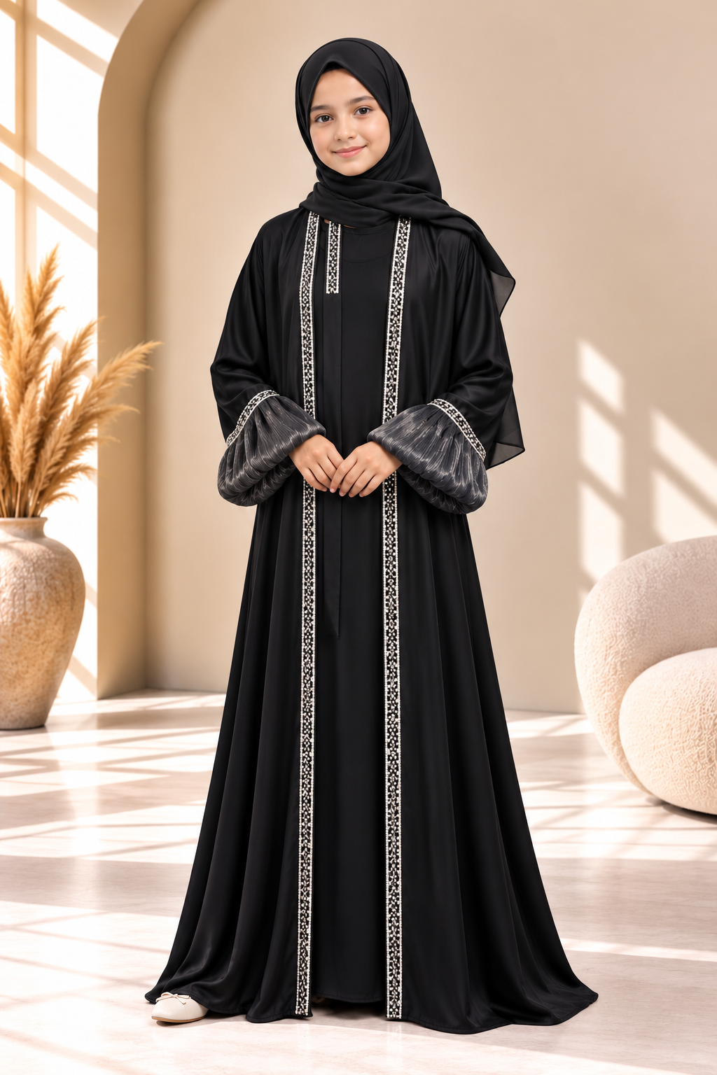 Black Luxe 3-piece abaya set with satin-crepe outer layer, stone lace detailing and organza balloon sleeves, front view.
