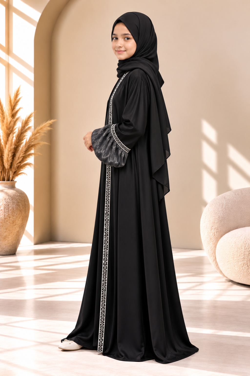 Side view of the Black Luxe abaya featuring voluminous organza balloon sleeves and gathered cuffs.
Copy filename
