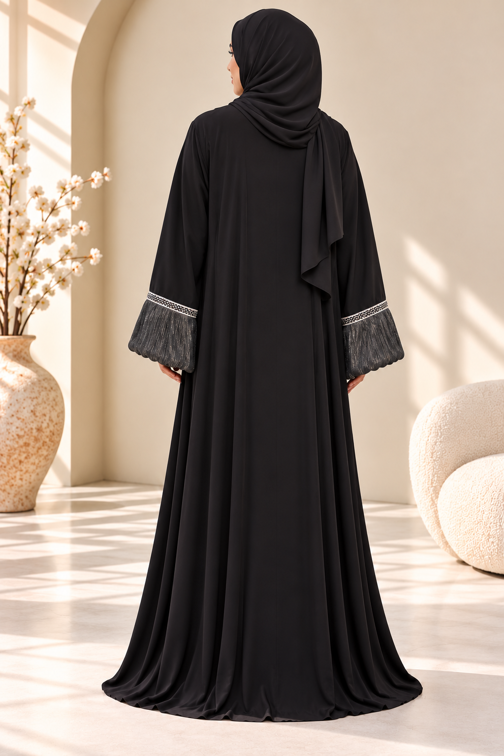 Back view of black luxury abaya featuring sheer organza balloon sleeves