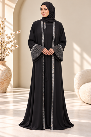 Black luxury abaya with organza balloon sleeves.
