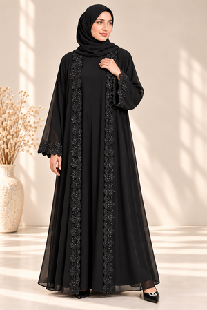 Black open abaya set with 3D floral embellishments, lace detailing and matching scarf, front view