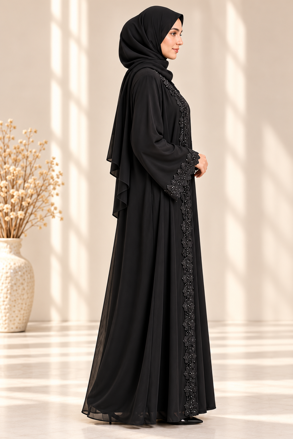 Side view of black open abaya with net fabric overlay, 3D flower work and matching scarf