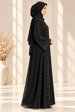 Side view of black open abaya with net fabric overlay, 3D flower work and matching scarf