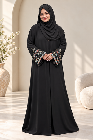 Black open abaya in premium Nida fabric with hand lace detailing and matching scarf.emarati.co.uk