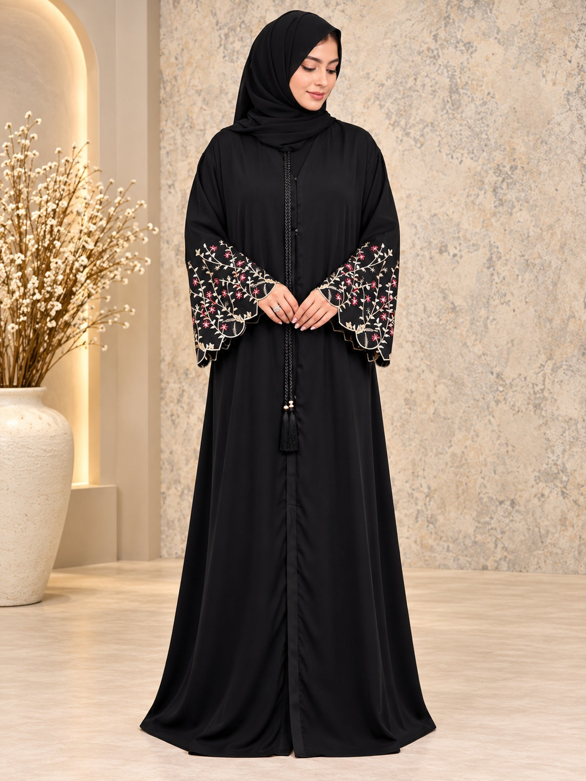 Black open abaya with floral embroidered sleeves