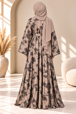Back view of brown Hafizah printed open abaya set showcasing its printed design