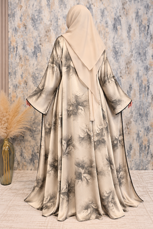 Back view of cream flower-printed open abaya set featuring an elegant floral design