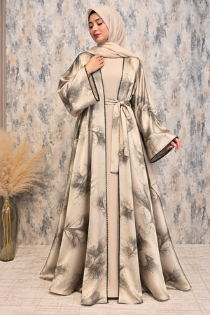 Cream flower-printed open abaya set.