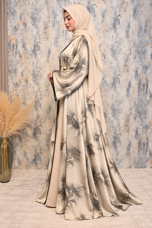 Side view of cream open abaya with floral print, matching inner dress and coordinated scarf