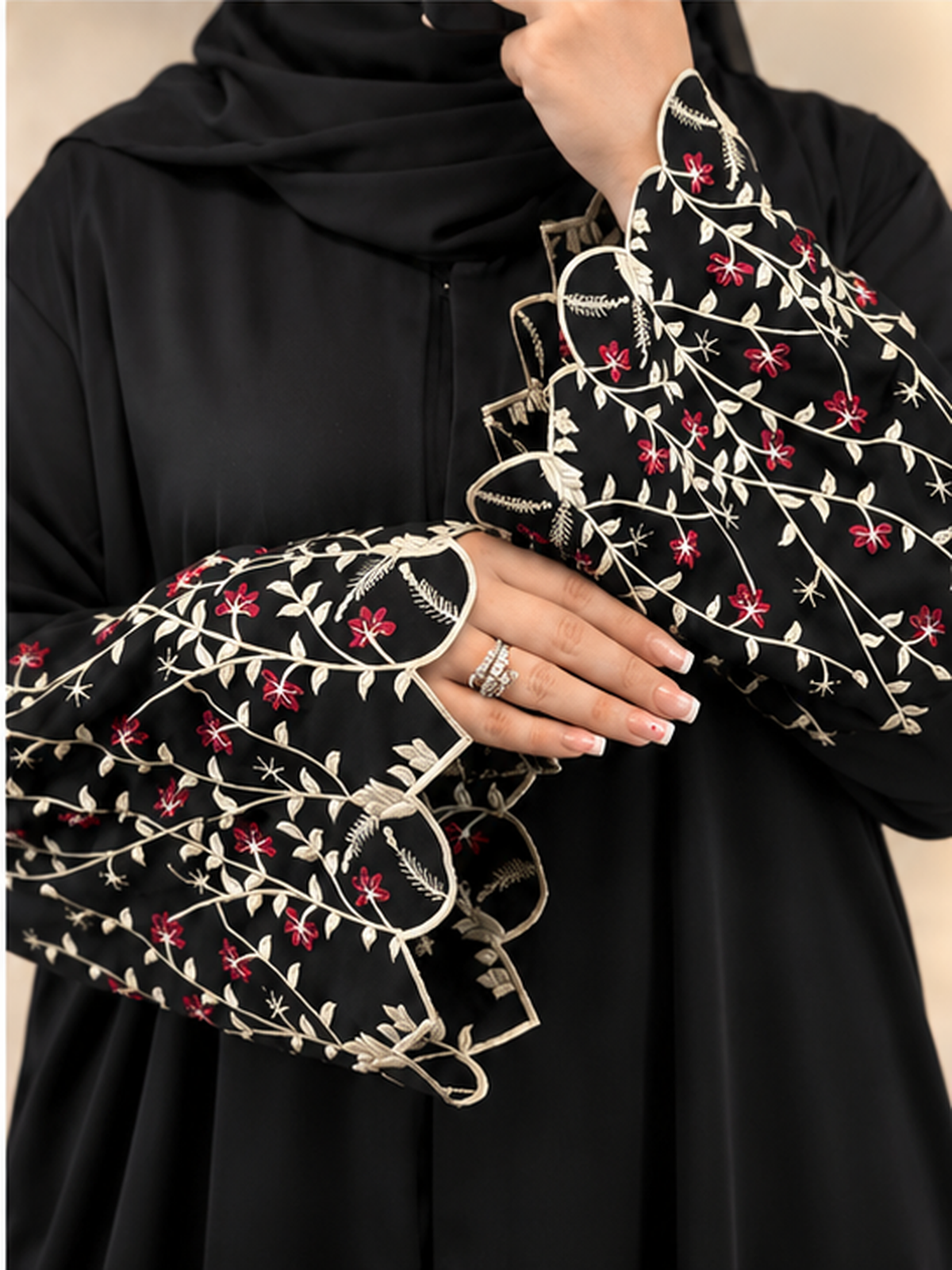 Black Floral Embroidered Sleeves Open Abaya  Emarati