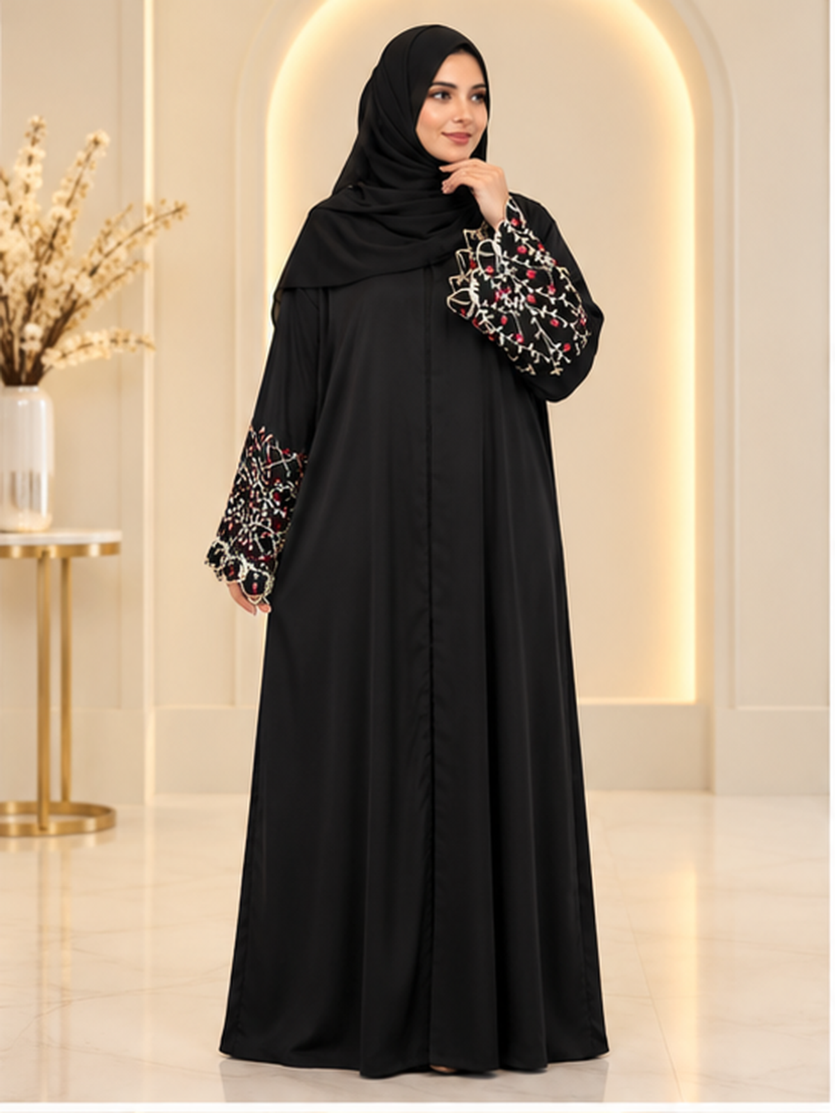 Black Floral Embroidered Sleeves Open Abaya  Emarati