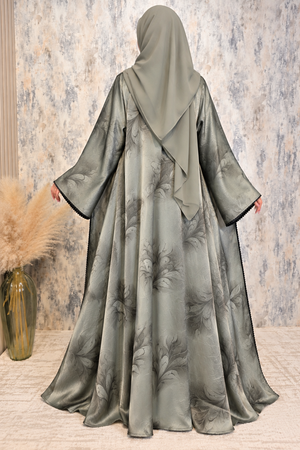 Back view of green flower-printed open abaya set featuring an elegant floral design