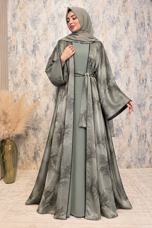 Green flower-printed open abaya set