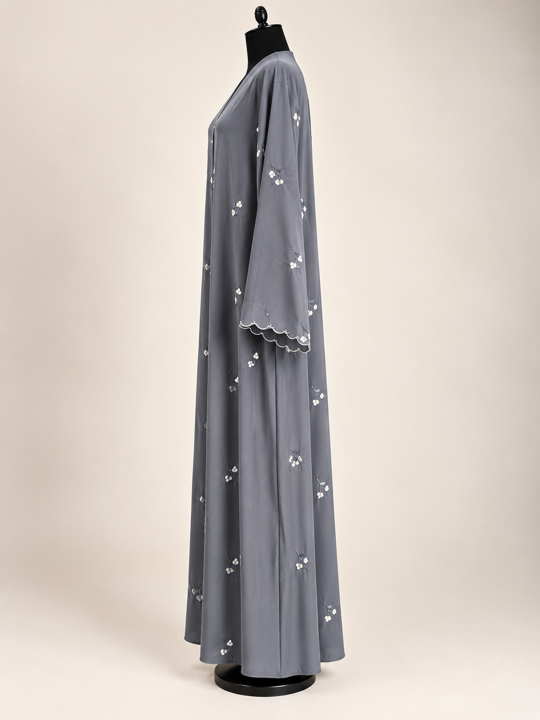 Grey open abaya with dainty floral embroidery and matching scarf, front view