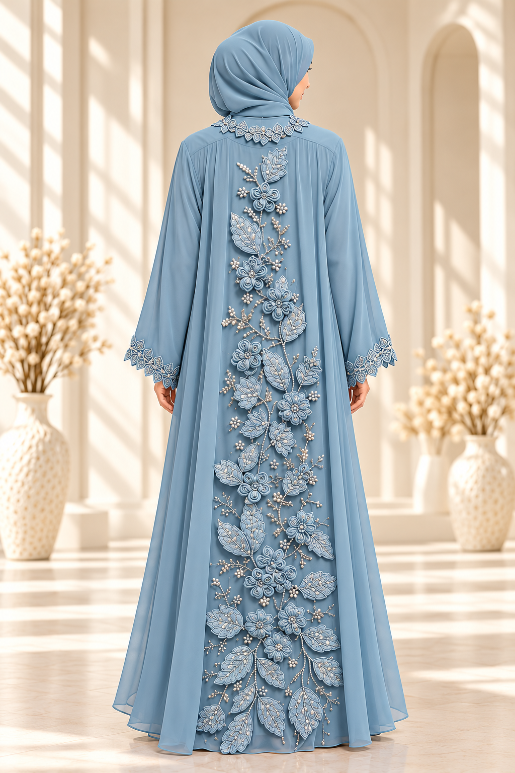 Back view of light blue luxury couture open abaya featuring elegant 3D floral embellishments