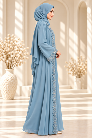 Side view of light blue couture open abaya showcasing dimensional floral detailing