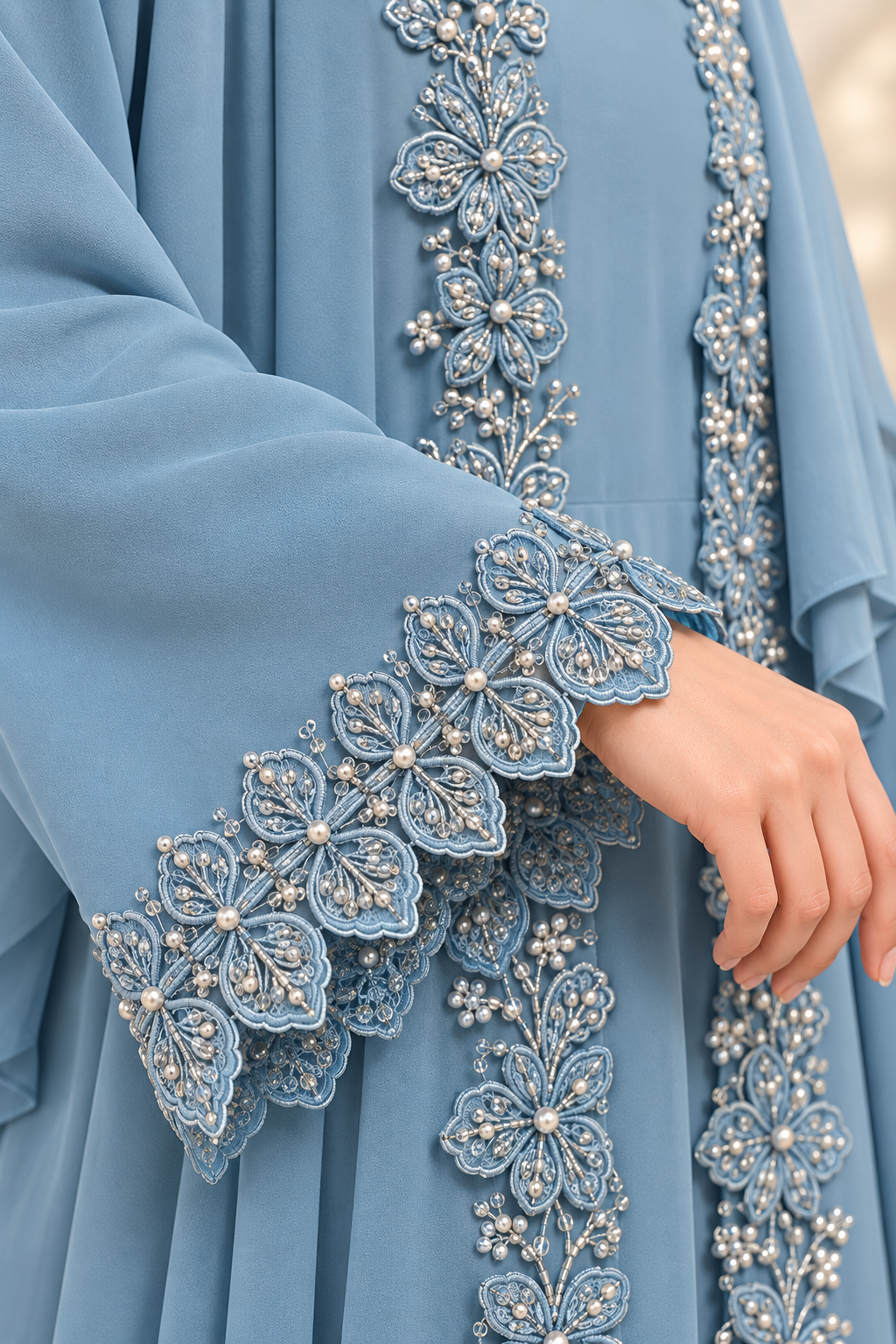 Close-up of intricate 3D floral embellishments on a light blue luxury couture abaya