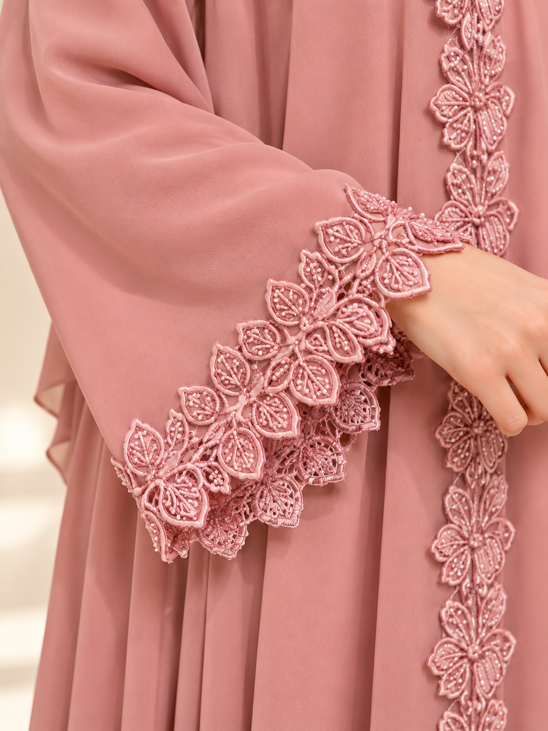 Full outfit view of the light pink couture flower open abaya set highlighting its intricate floral design