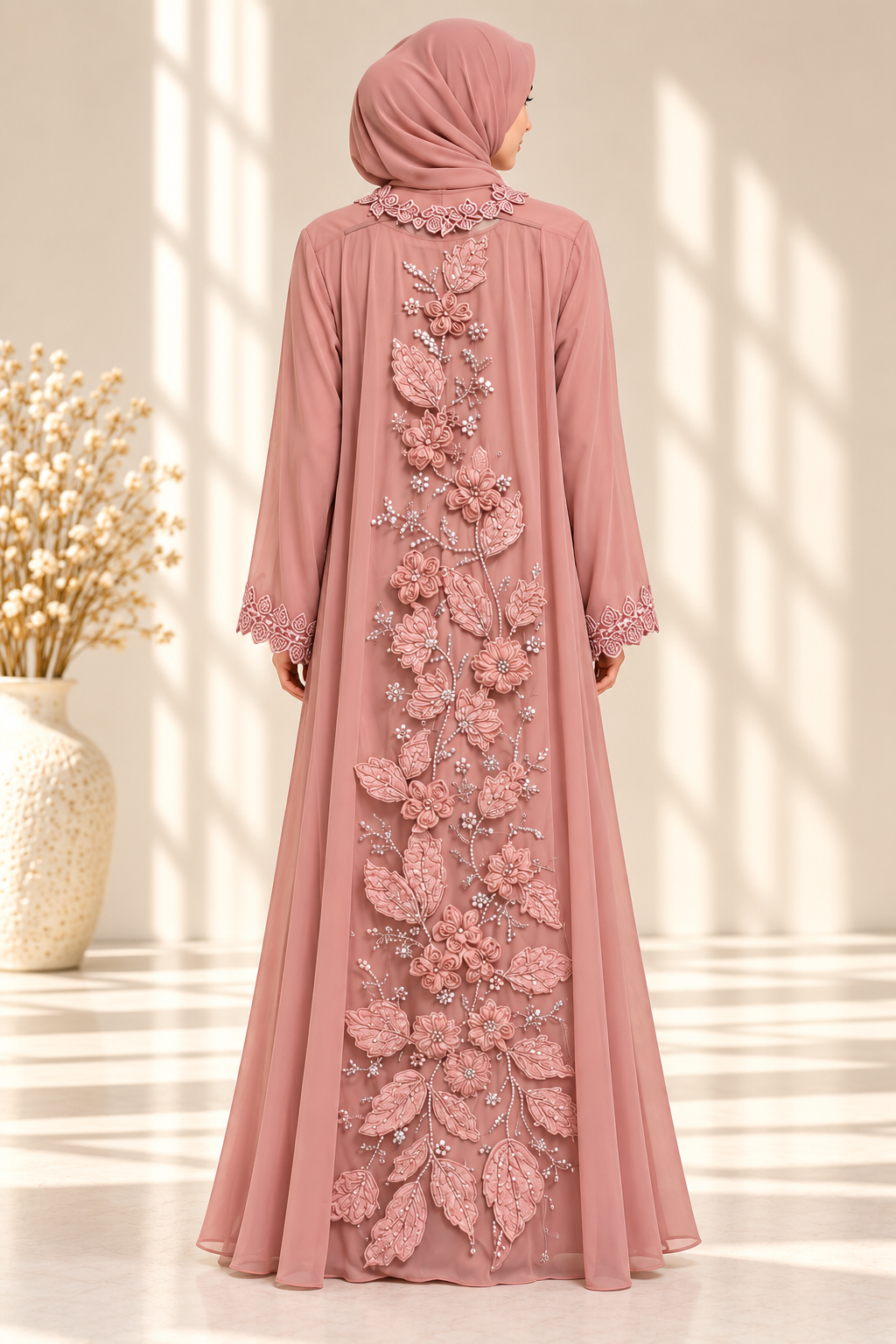 Back view of light pink couture open abaya featuring full-back 3D floral embellishments
