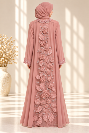 Back view of light pink couture open abaya featuring full-back 3D floral embellishments