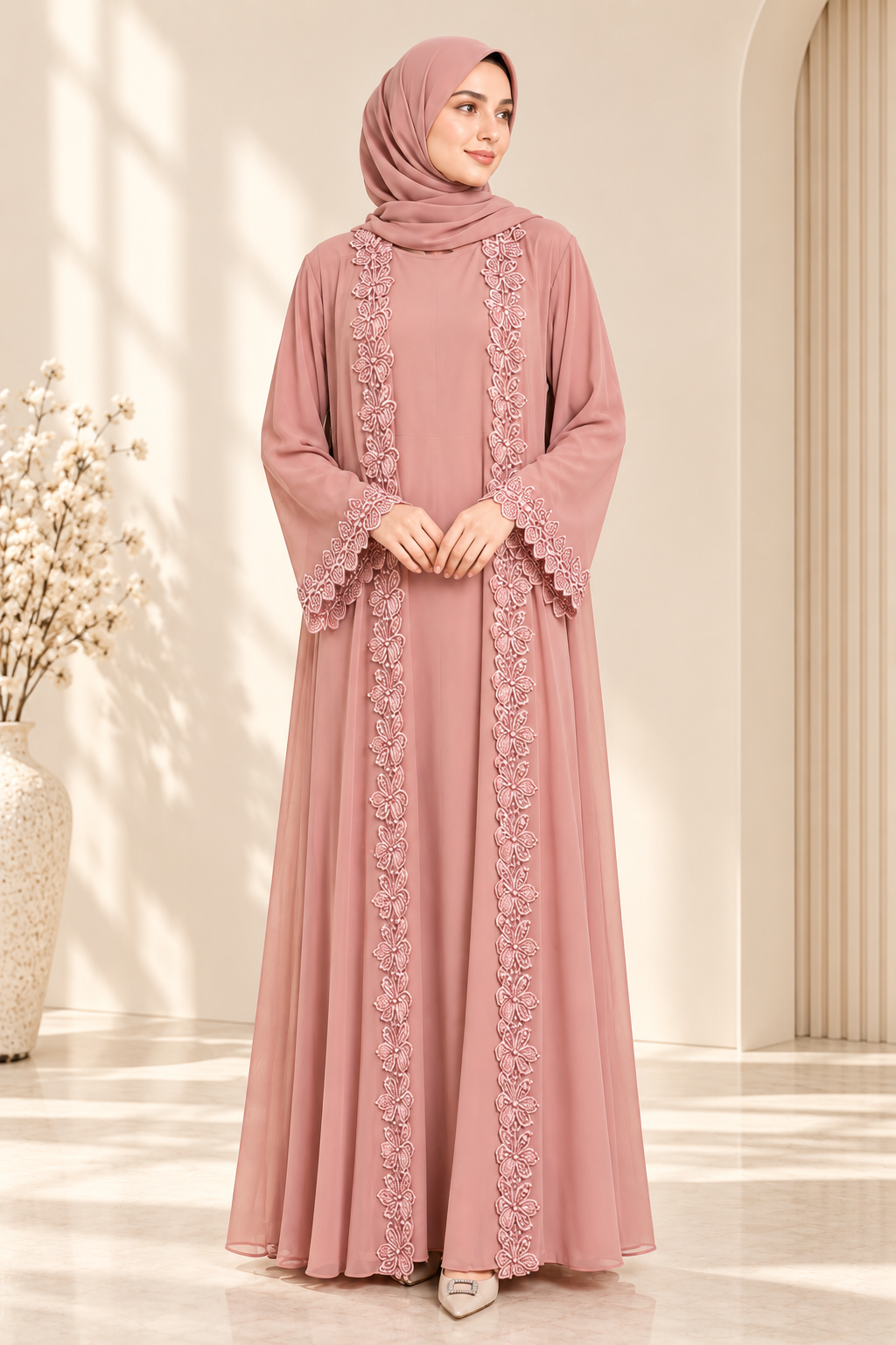 Light pink couture flower open abaya set with elegant 3D floral embellishments, front view