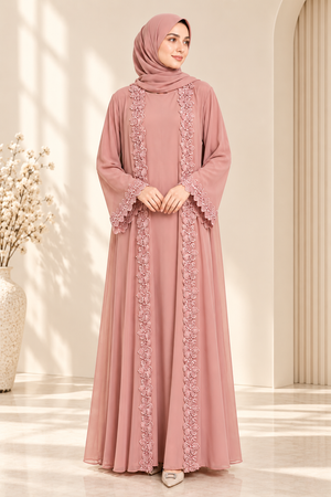 Light pink couture flower open abaya set with elegant 3D floral embellishments, front view
