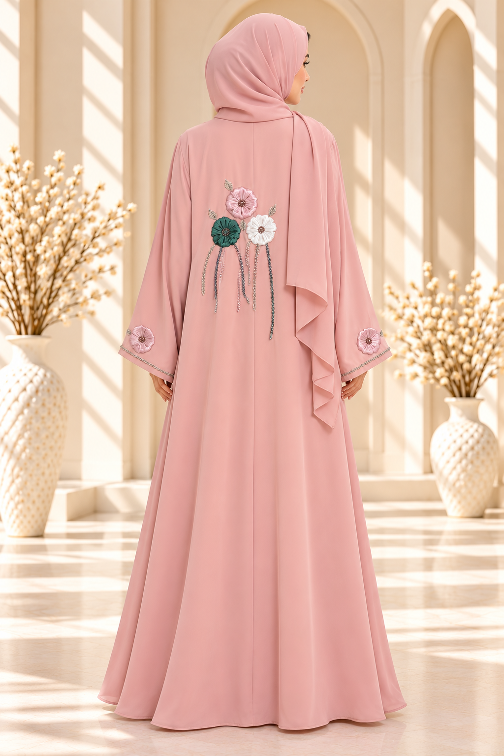 Close-up of 3D floral embroidery on a light pink open abaya with delicate back side