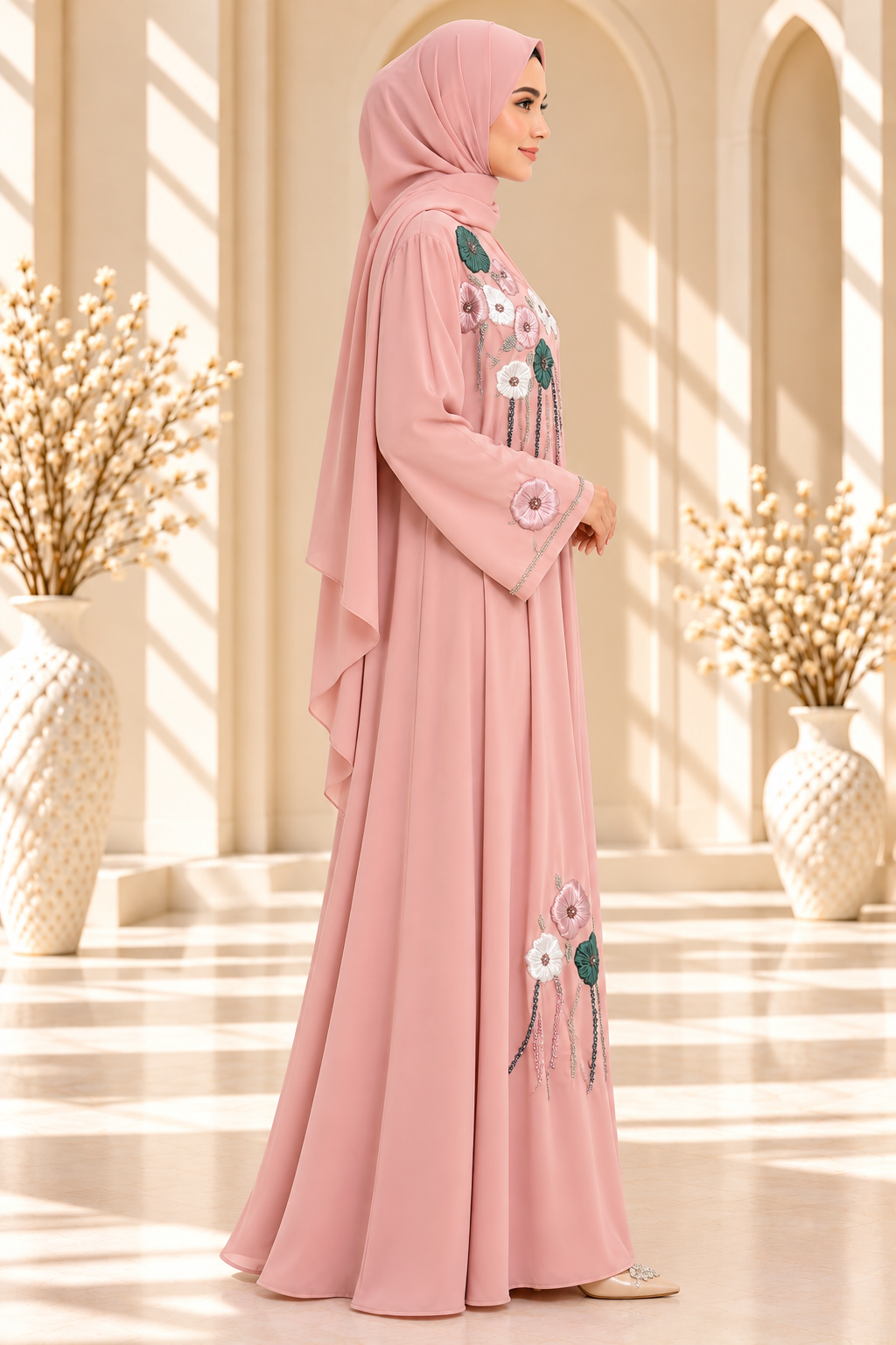 Front view of a light pink open abaya featuring intricate 3D flower embellishments