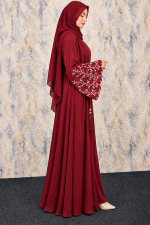 Maroon open abaya with elegant floral embroidered sleeves for women