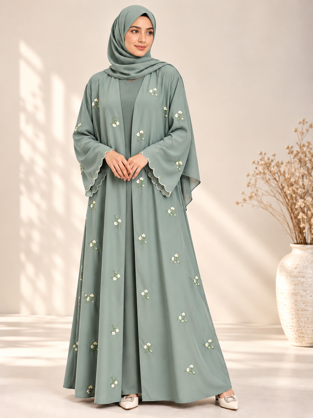Mint open abaya with dainty floral embroidery and matching scarf, front view