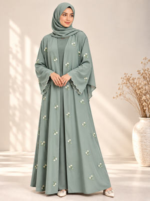 Mint open abaya with dainty floral embroidery and matching scarf, front view