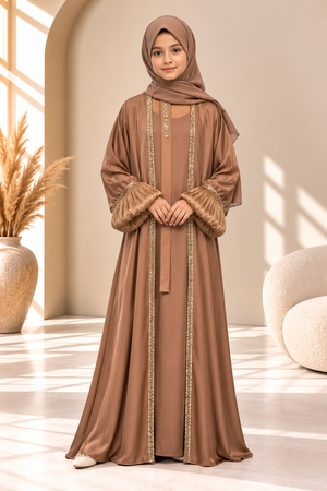 Mocha Luxe 3-piece abaya set with satin-crepe outer layer, stone lace detailing and organza balloon sleeves, front view.