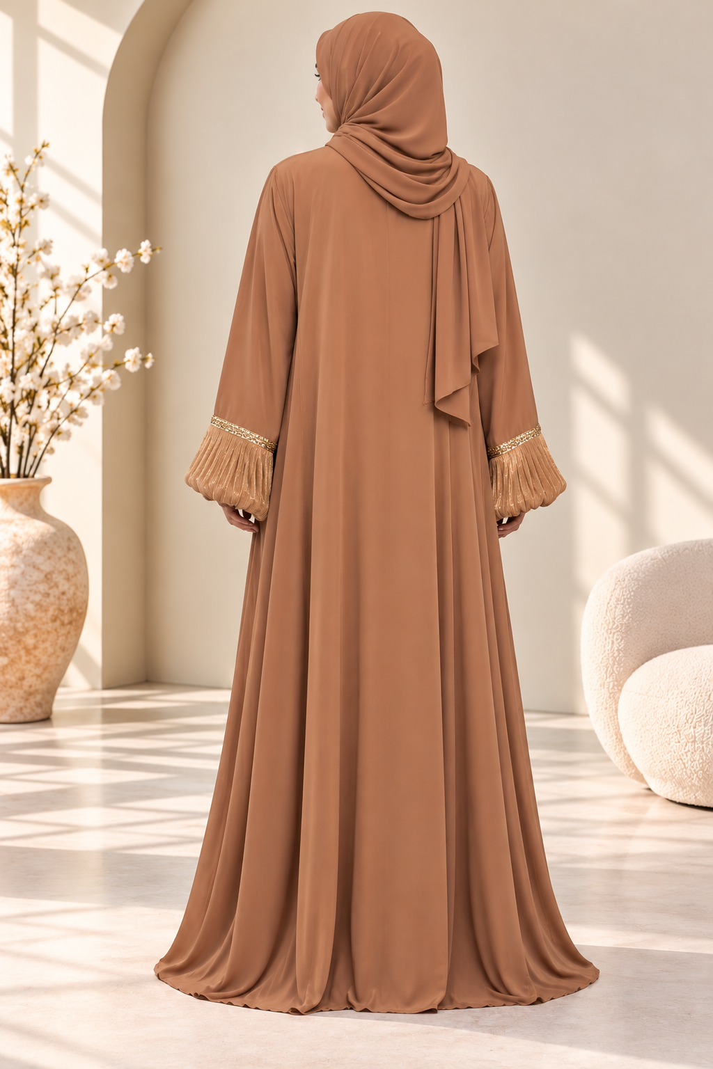 Back view of mocha luxury abaya featuring sheer organza balloon sleeves