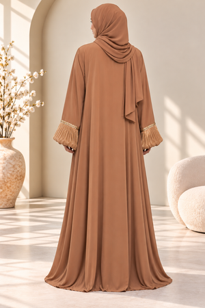 Back view of mocha luxury abaya featuring sheer organza balloon sleeves