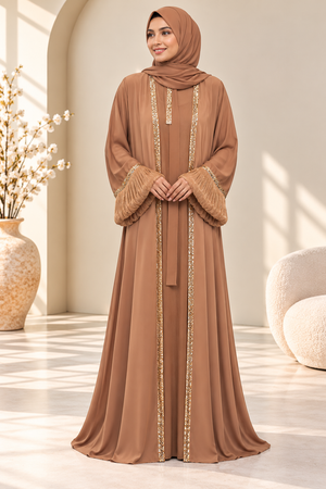 Mocha luxury abaya with organza balloon sleeves.