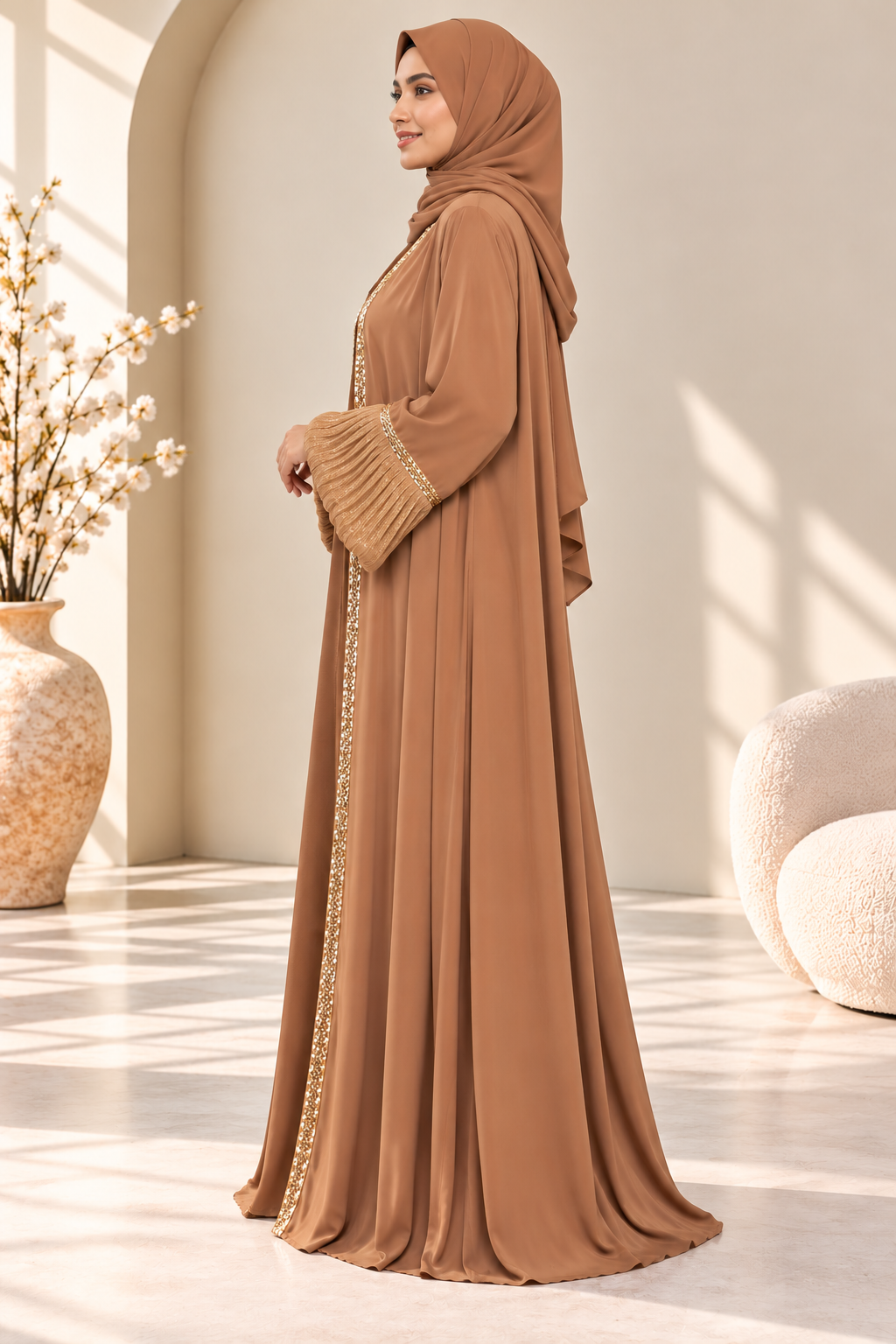 Side view of mocha abaya showcasing its elegant silhouette and organza balloon sleeves