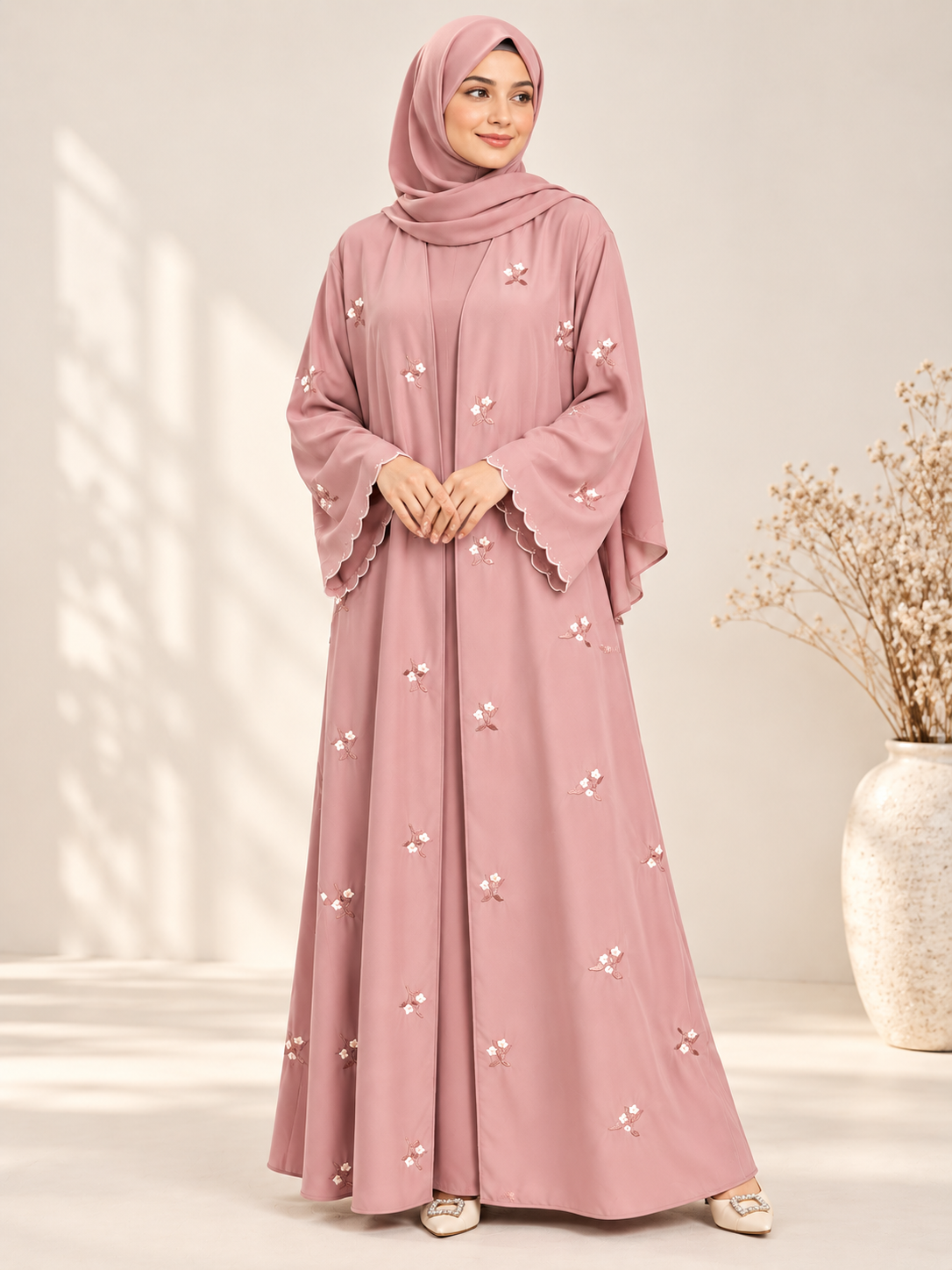 Pink open abaya with dainty floral embroidery and matching scarf, front view