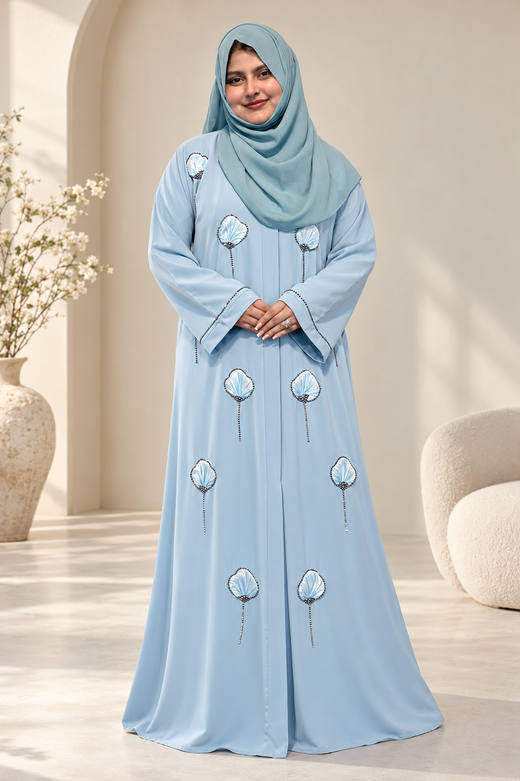 Model wearing a premium icy-blue open abaya with 3D floral embroidery and stone detailing, paired with a matching hijab.