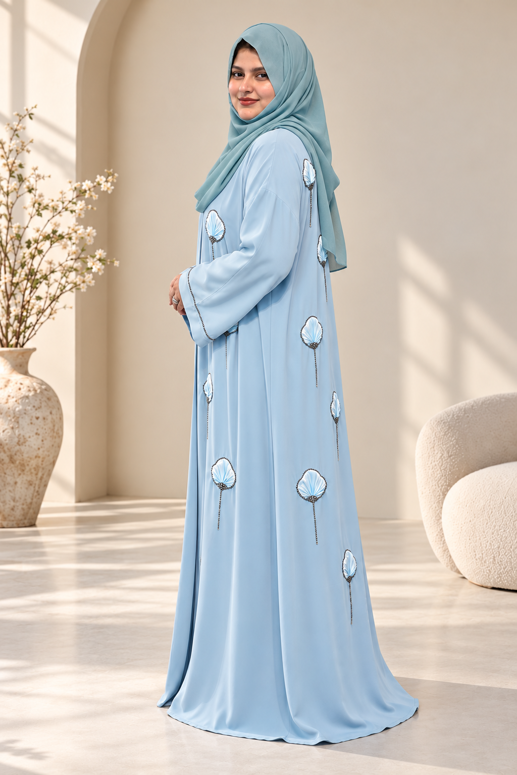 Side view of a premium icy-blue open abaya with 3D floral embroidery, intricate stone detailing and a matching hijab.