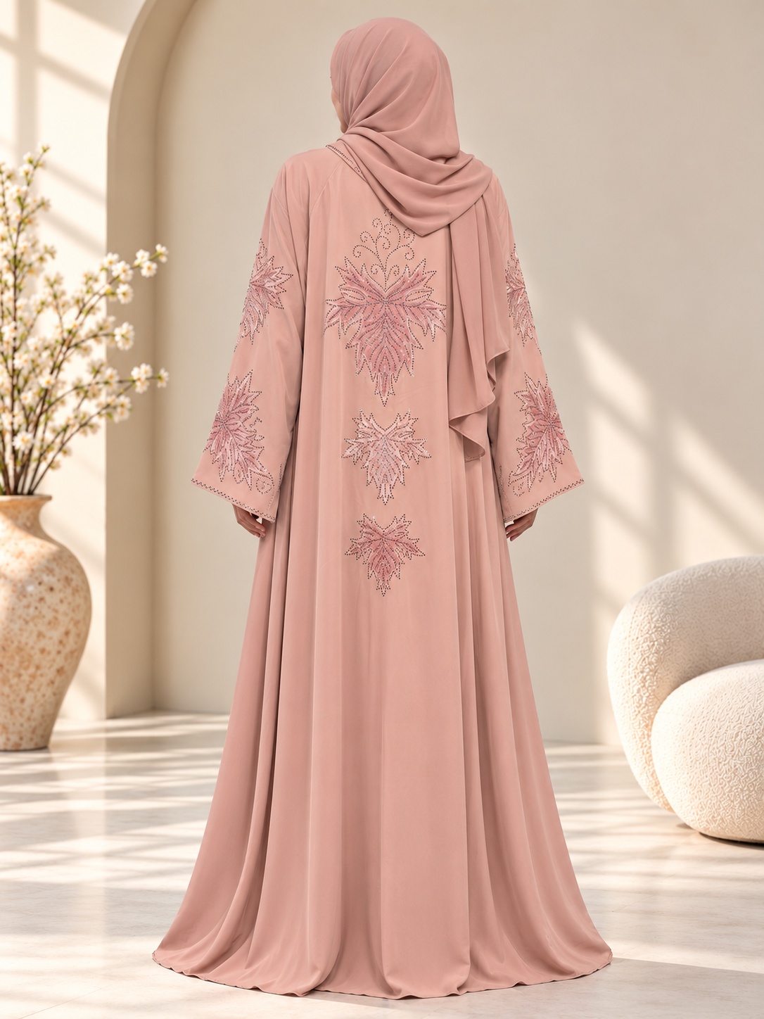 Back view of Reem dusty blush pink open abaya featuring delicate stone embellishments