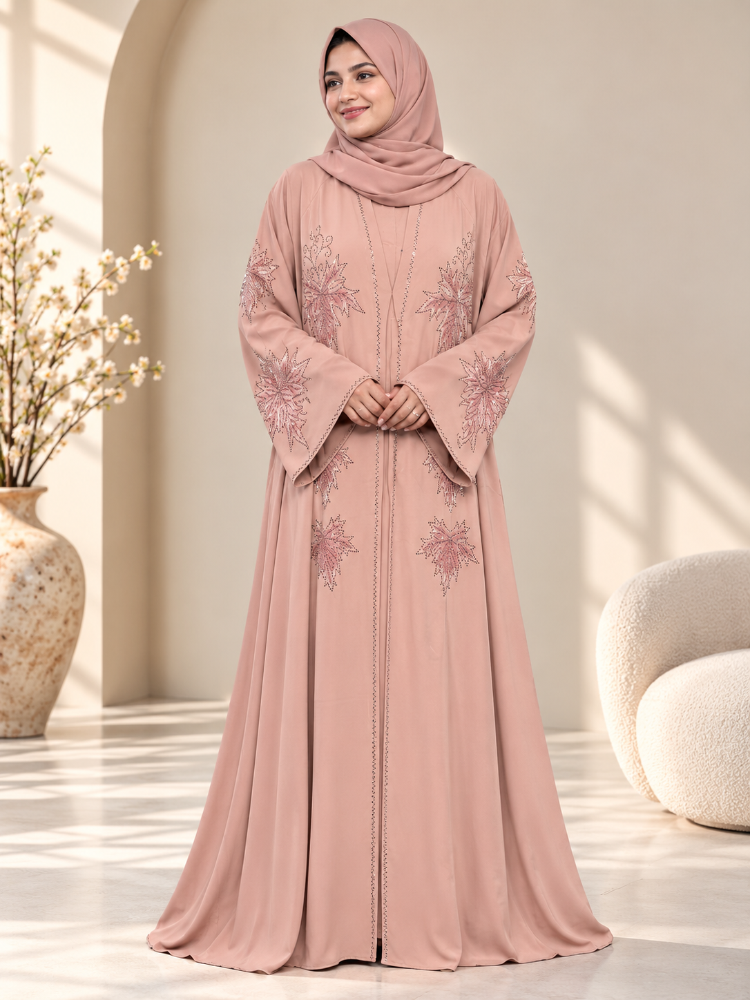 Dusty blush pink Reem open abaya with velvet leaf detailing, stone embellishments, wide kimono sleeves and matching scarf.